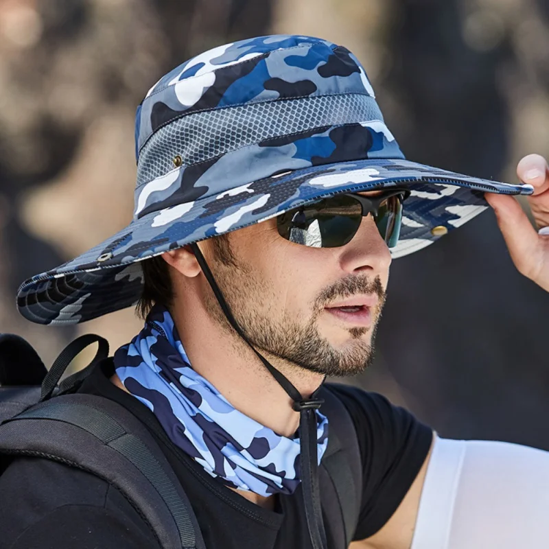 Summer Men Breathable Sun Hat Outdoor Traveling Fishing Hiking Hat Sunscreen Fisherman Bucket Hats Wide Brim Male Cap Uv Protect