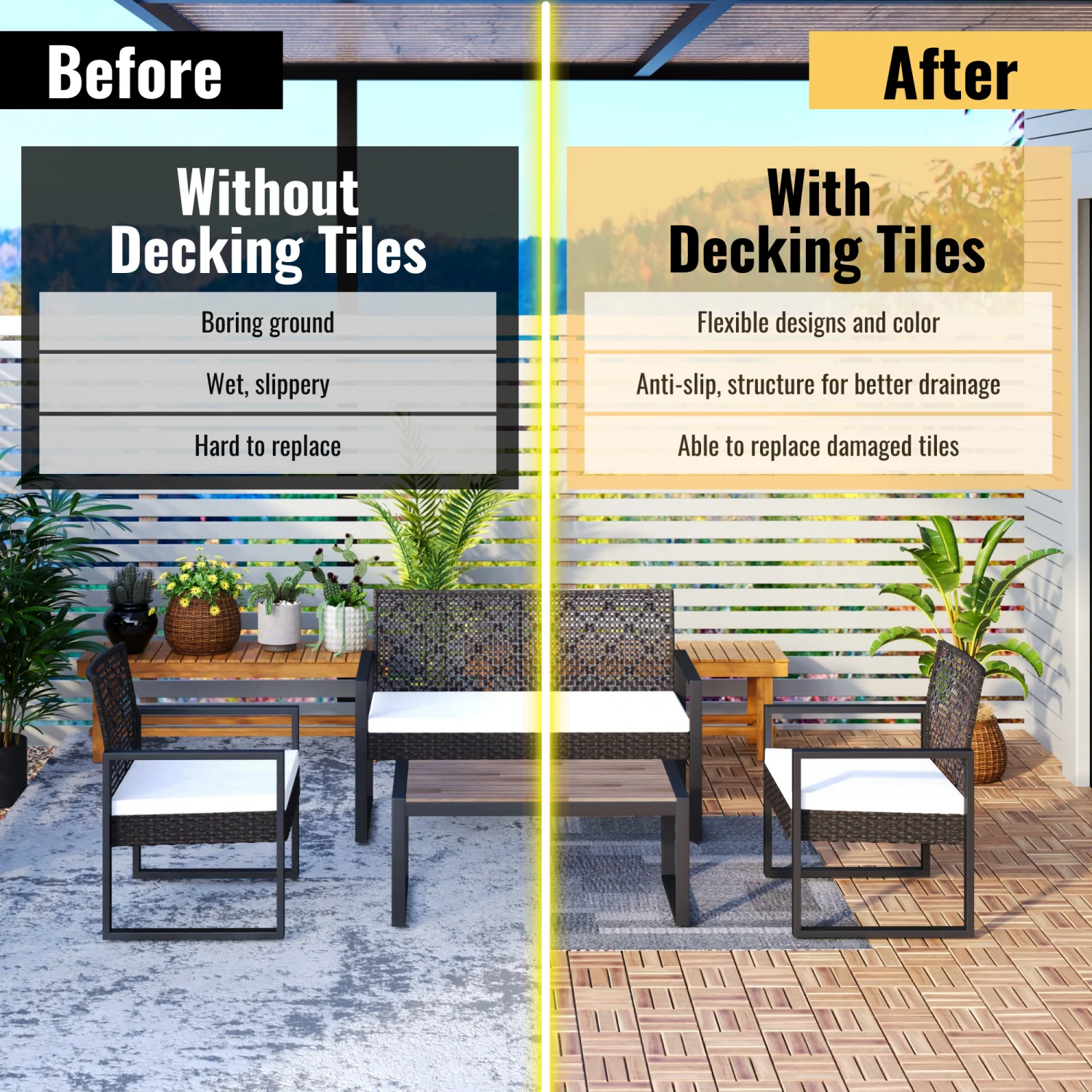 Solid Wood Deck Tiles Striped Waterproof All-Weather Drainable Tiles for Garden/Garage/Entryway DIY Quick-Install