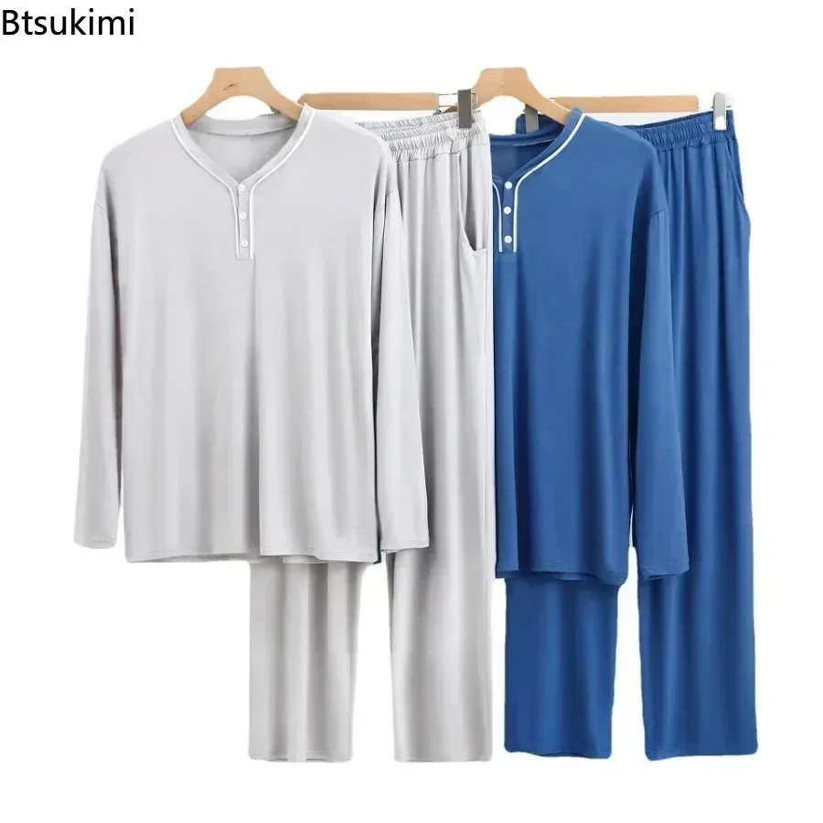 2026 Modal Pajama Sets Men's Long Sleeve Henley Shirt Tops and Pants Home Two Pieces Soft Cozy Sleepwear Outfits Loungewear Male
