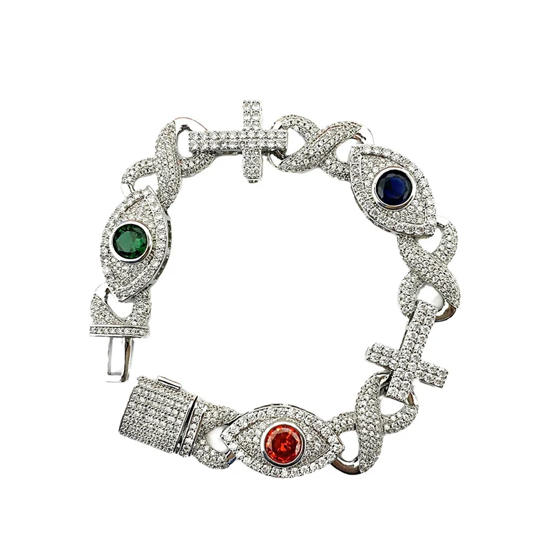 

Hip Hop 5A+ CZ Stone Paved Bling Iced Out Infinity Crosses Eyes Link Chain Bracelet for Men Rapper Jewelry Gold Silver Color