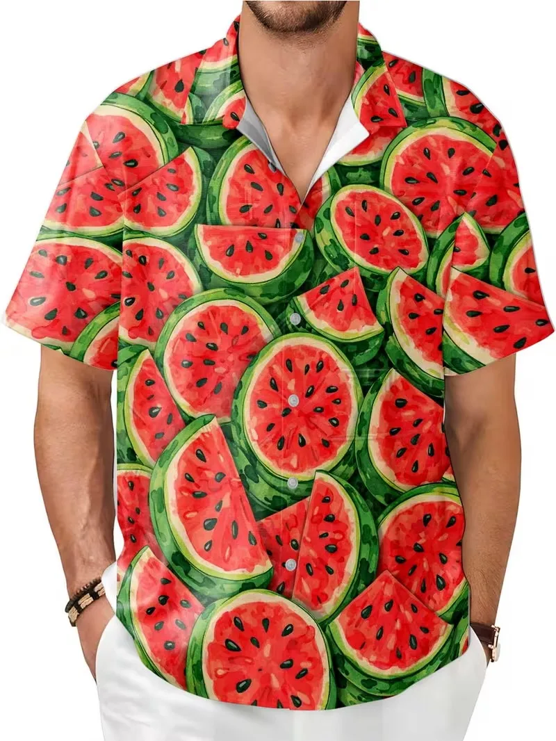 

Men's Colorful Fresh Fruit Veggie Print Cuban Collar Shirt Short Sleeve Button Up Hawaiian Shirt Funny Food Print shirt for Men