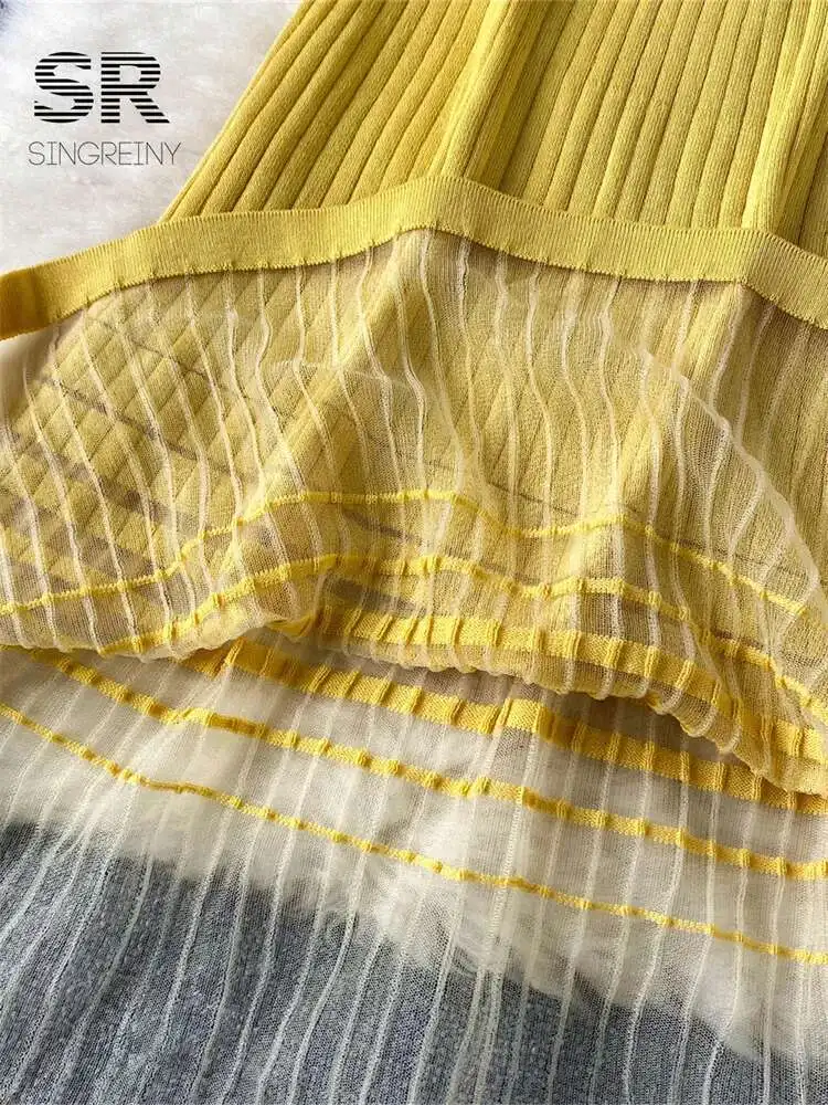 BabYoung الصيف كبار الحياكة المرأة شبكة لصق قصيرة الأكمام السيدات تصميم سليم مطاطا فستان طويل خفيف