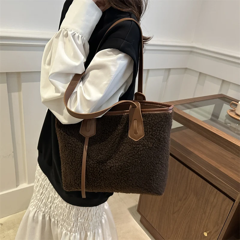 Faux Lamb Woo Large Capacity Tote bag Women's 2024 New Market Trend Solid Color Simple Handbag Shoulder Bag сумка женская