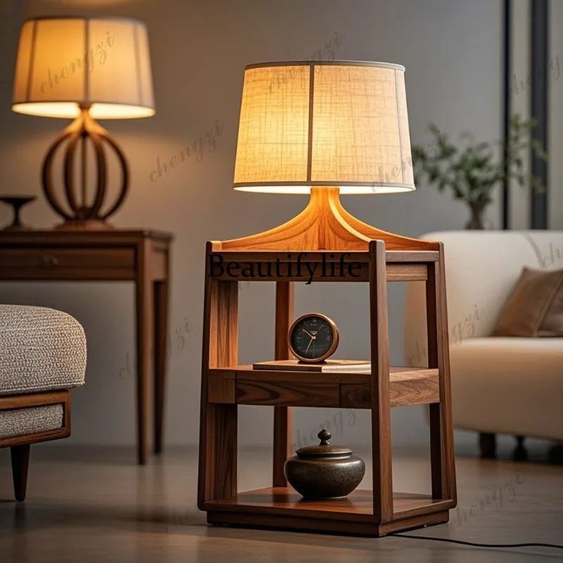 New Chinese style antique style living room floor lamp shelf integrated retro solid wood fabric bedroom bedside atmosphere light