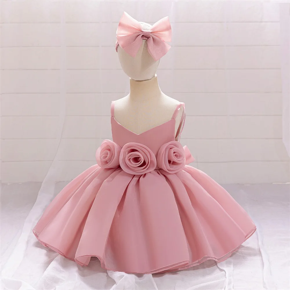 Vestido rosa de Ceremonia de flores grandes para niña, ropa de 1er cumpleaños para bebé, vestido de tutú de princesa de bautismo, vestidos para