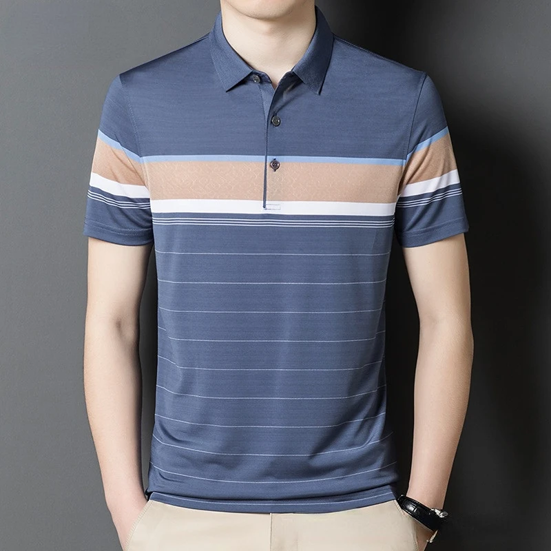 

2022 Summer Golf Mens Polo Shirts High Quality Short Sleeve Wide Striped Jacquard Thin Male T-shirts Simple Silky Man Tees 3XL