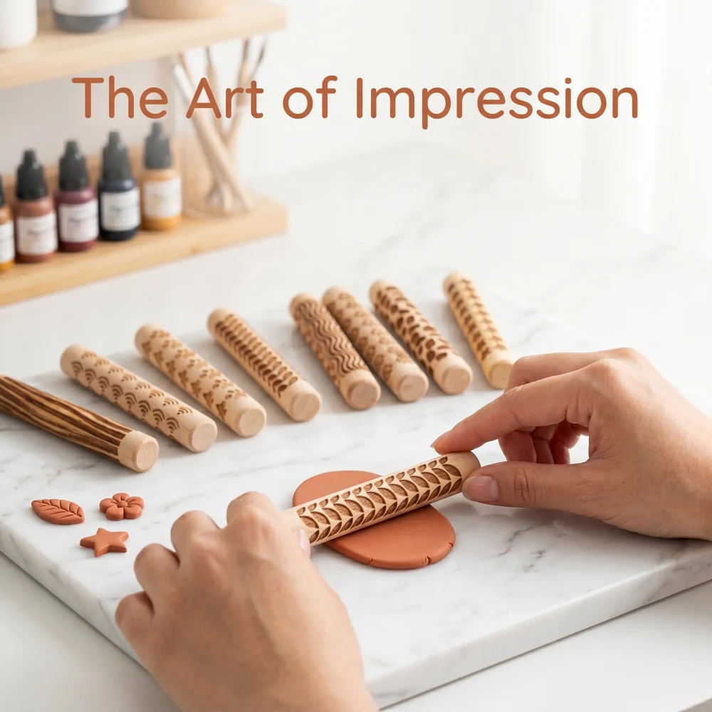 1Pcs Wooden Embossing Rolling Pins, Patterned Roller Set for Clay Pottery, Baking Dough & Fondant, DIY Craft Texture Tools