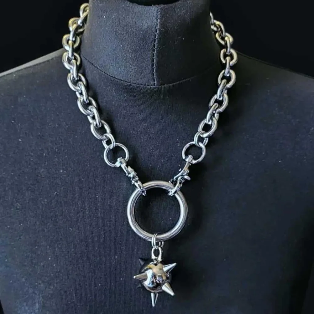 Gothic Spiked Mace Pendant Choker Necklace for Men Women Silver Color Thick Chain Grunge Aesthetic Punk Streetwear Jewelry Gifts