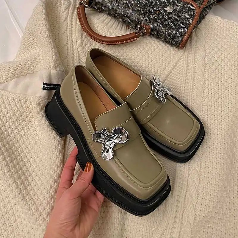 

Krazing Pot 2026 Limited Customization Full Grain Leather Square Toe High Heels Waterproof Metal Decoration Slip On Women Pumps