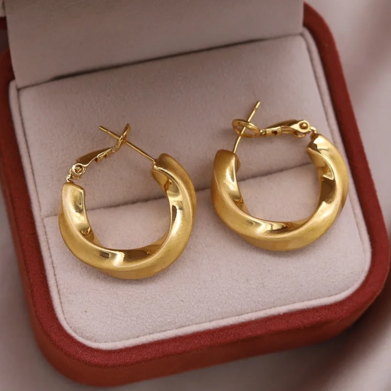 Korean new design fashion jewelry 18K gold plated brushed metal twisted hoop earrings elegant women's daily work accessories