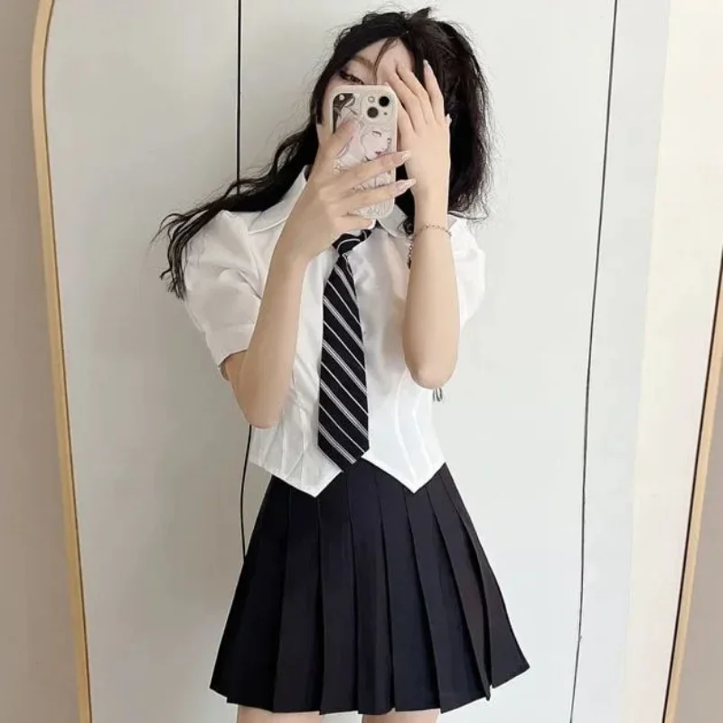 

Skirts Shirts Sets Women Summer New College Puff Sleeve Tops Skinny Cropped Pleated Clothing Outfits All-match Harajuku Classic