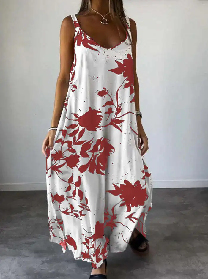 Boho Summer Gradient Splash Print Women's Suspender Dress Long A-Line Casual Dress Women Elegant New Spring Loose Beach Clothes