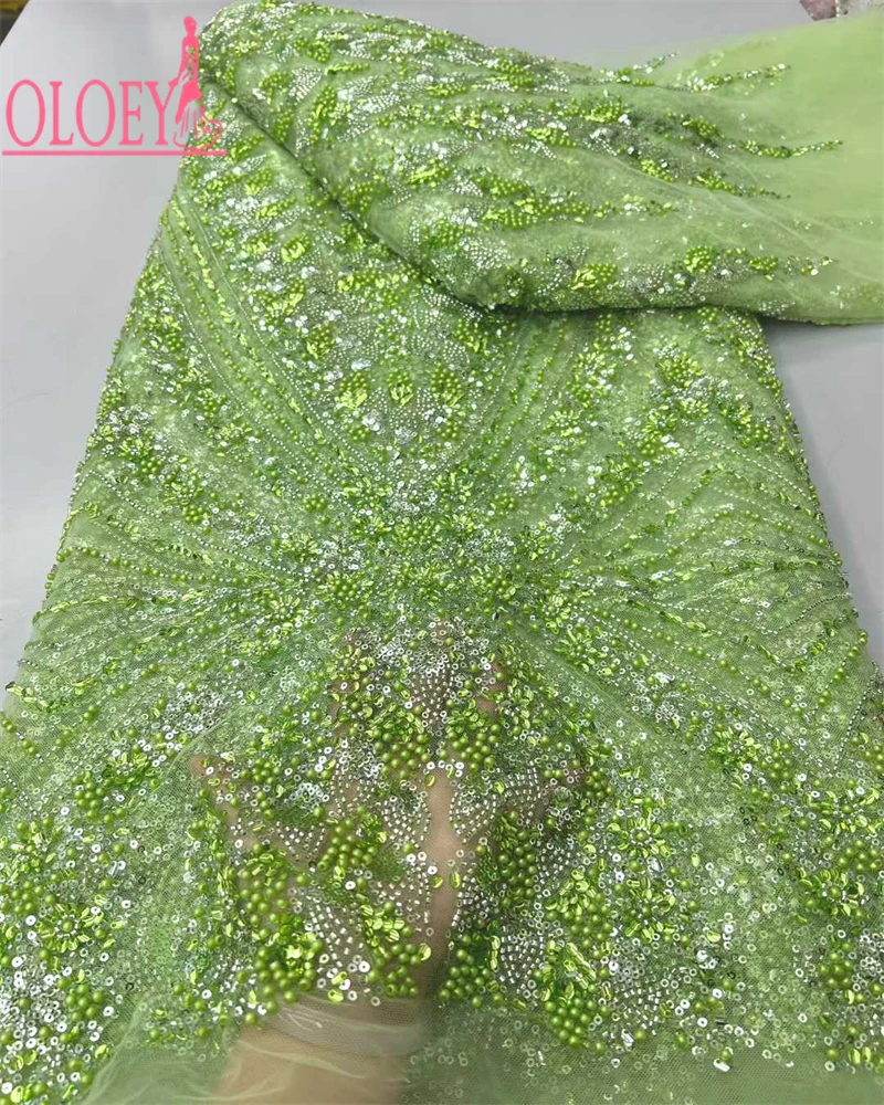 

OLOEY African Beaded Lace Fabric High Quality 5 Yards Nigerian Sequins Groom Fabric Material For Wedding Party Dress