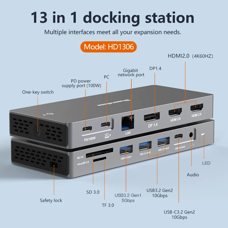 Type-c docking station dual dp+hdmi multi-screen display 4k60hz HD hub converter 10Gbps docking station