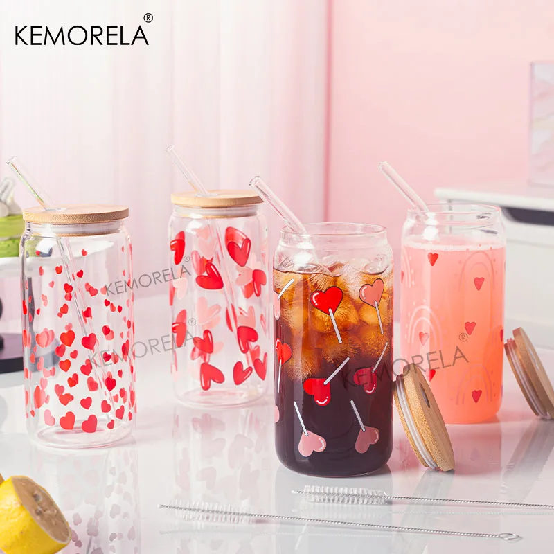 1PCS Heart Shape Printed Coke Glass Tumbler With Bamboo Lid Straw Milk Beer Can Romantic Valentine's Day Glass Tumbler Gift