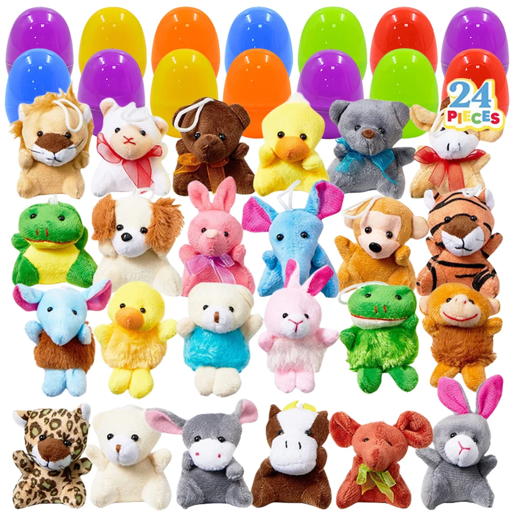 24 Pack Prefilled Easter Eggs with Mini Animal Plush Keychain Stuffed Animals Filled Easter Eggs Christmas Holiday Party Favors