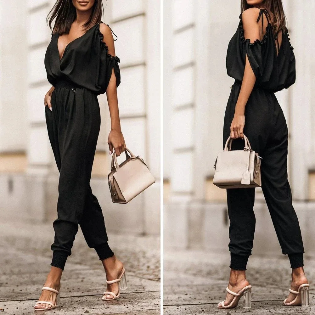 Women Jumpsuits Summer Casual Solid Elastic Waist Bodycon Jumpsuit Sexy Off Shoulder V Neck Short Sleeve Solid Pocket Long Pant