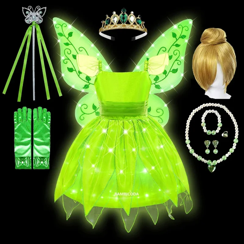 Tiana Cosplay Costume for Girls Fancy LED Dress up Princess Carnival Birthday Party Kids Frock Ball Gowns Clothes The Frog Dress