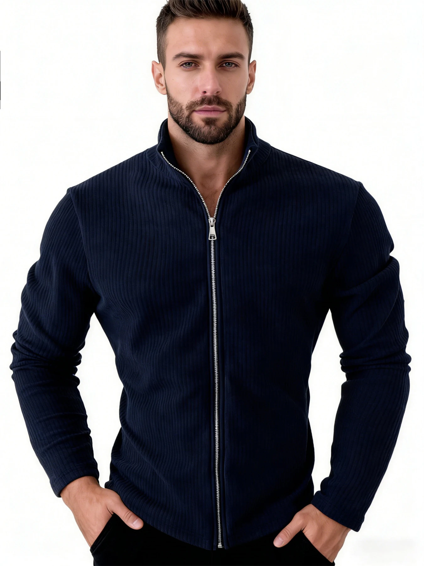 New Autumn and Winter Knitted Zipper Jacket for Men, Loose and Casual Stand-Up Collar Cardigan for Men, Solid Color Top