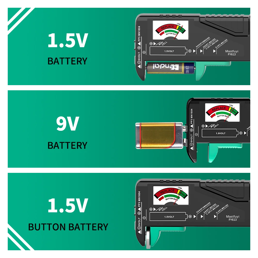 MASTFUYI FY613 Rapid Battery Tester for 1.5V, 9V, and button cell batteries with Visual Battery Status Indicator