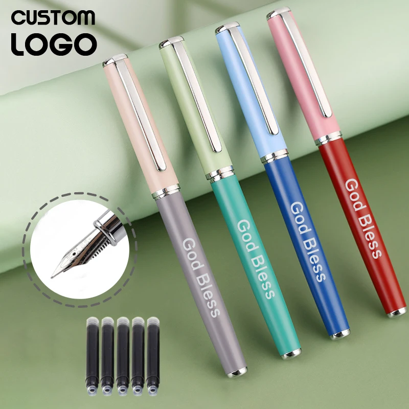

2pcsPen + 5Ink Sacs Colorblock Metal Fountain Pen Colorful Stylish Student Pens Personalized Gifts Engraved Logo School Supplies