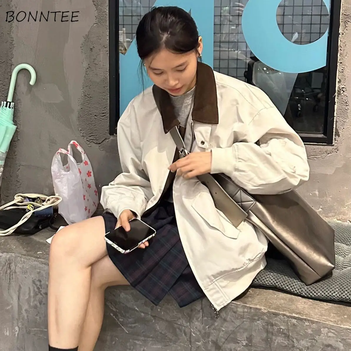 Jackets Women Ulzzang Vintage Loose Boyfriend Harajuku Panelled Autumn Coats Students Couple All-match Streetwear Youth Simple