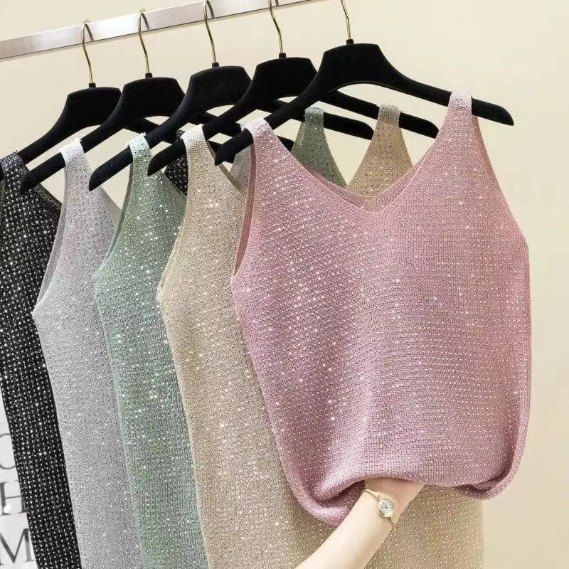 Summer Korean Style Knitted Ice Silk Bright Thread Loose Sleeveless Vest Base Layer Top Women's Casual Wear Gluechifushi