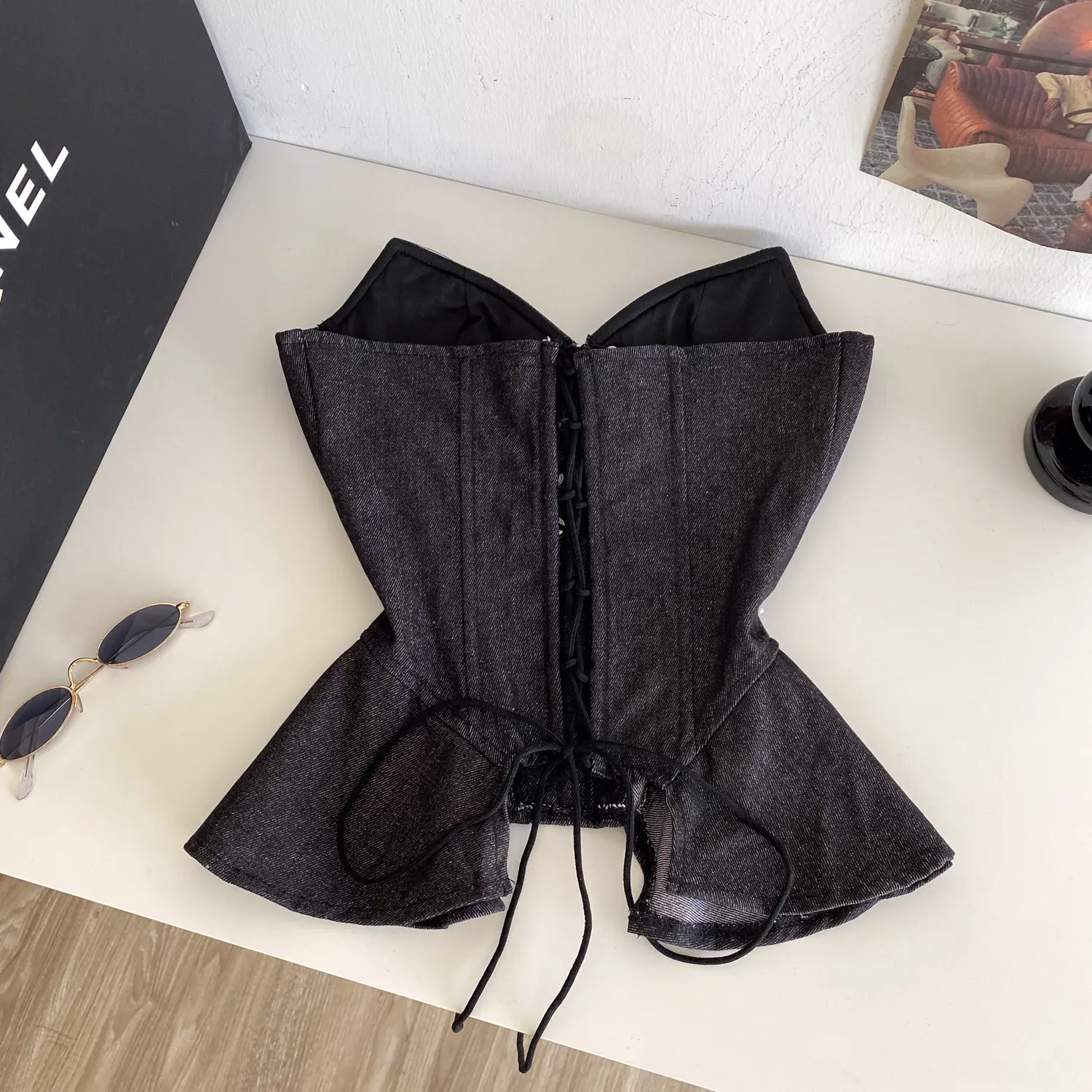 Sexy Denim Unique Bandage Slim Tube Top Chic Strapless Crop Top Asymmetrical Corset Bustier Cami  Slim Tank Top