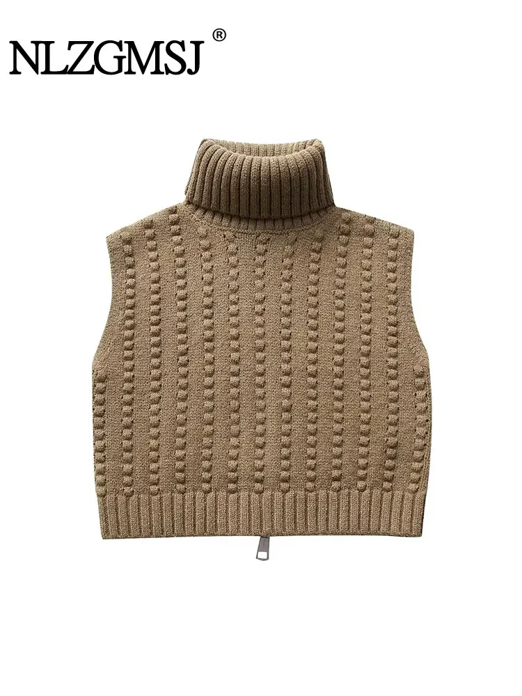 TRAF 2024 Autumn Turtleneck Knitted Vest Woman Cropped Sleeveless Sweater Vests For Women Back Zipper Vests Women Pullovers Top