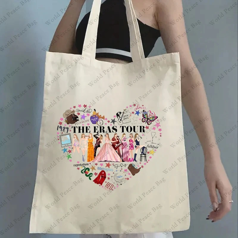 The Eras Tour Pattern Tote Bag swiftie Canvas Shoulder Bag for TS fans Women\'s Reusable Shopping Bag Best Gift for TS Fans