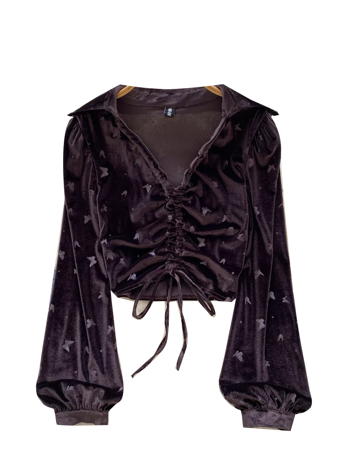 Retro Sle Women's Velvet irt ort Printed Long Sve V-Ne  Pattern Pleated Belted Faionable Autumn Top