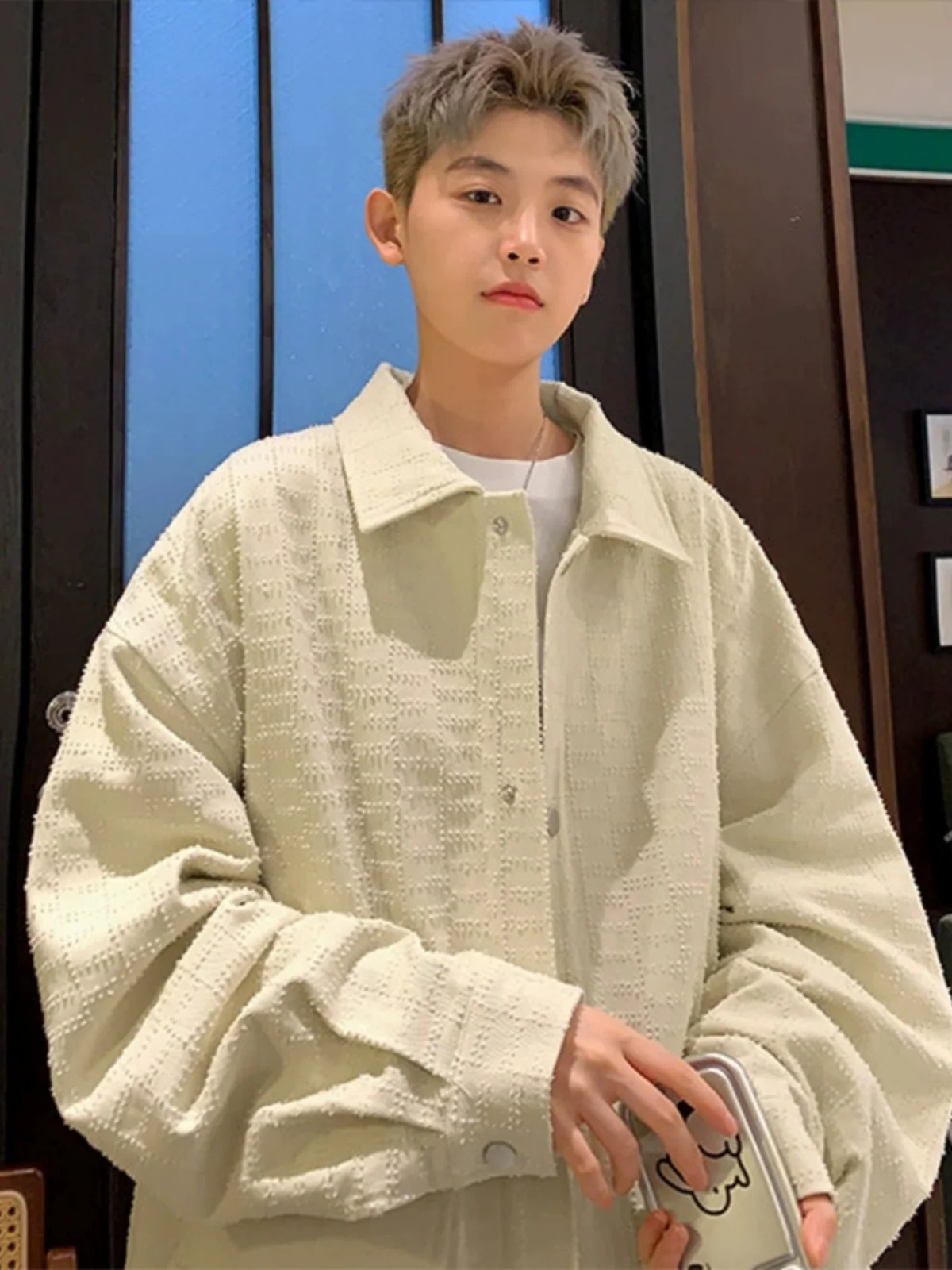 

Preppy American Sle Plaid irt Jaet Men's Trendy High-End Feeling Casual Baroque Jaet Long Sve Loose Fit Outerwear