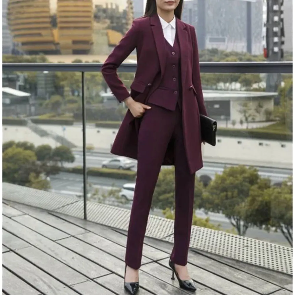 Ladies Office Pantsuit 3 Piece Single Breasted Set Women\'s Dress Suit Long Jacket Blazer Vest Pants Slim Fit Formal Outfits