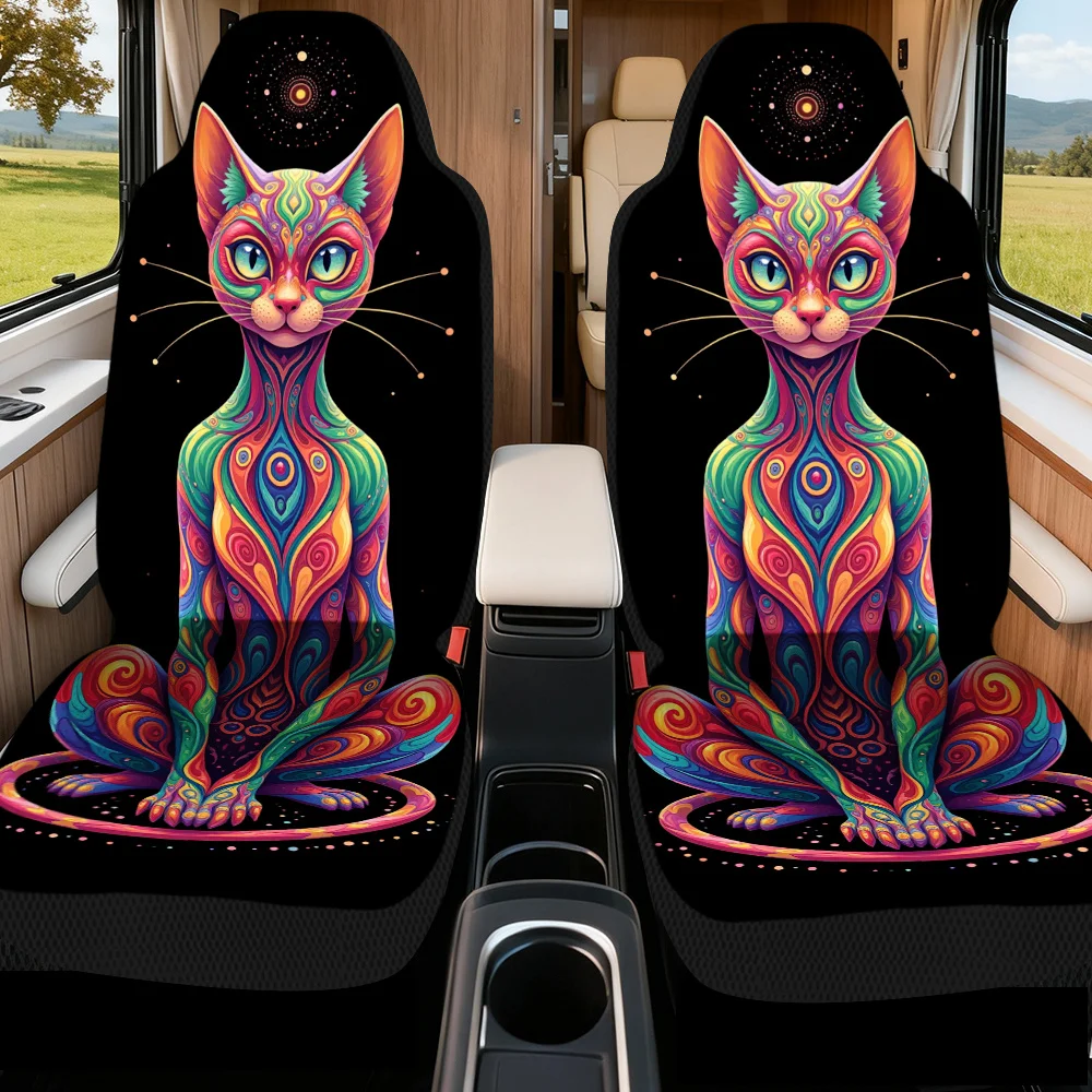 Set Of 2 Vibrant And Psychedelic Cat-Themed Car Seat Covers, Designed For Comfort And Durability, Suitable For The Front Seats O