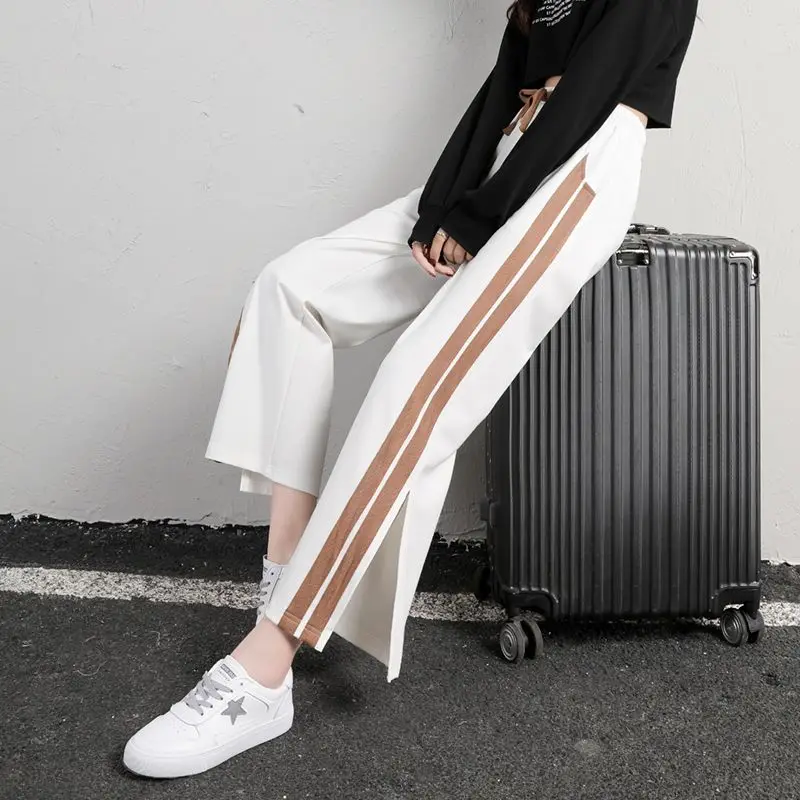 Moda Nova Primavera Verão Mulheres Casual Sports Pant Solid Loose Cintura Alta Drawcord Bolsos Coreano Wide Leg Straight Trouser 2023