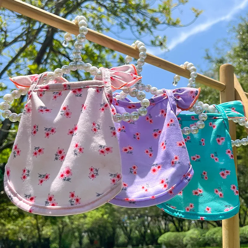Dog Cat Flying Sleeve Fungus Curling Small Flowers Teddy Bichon Spring Summer Autumn Pet Clothes Supplies Summer Pet Clothes