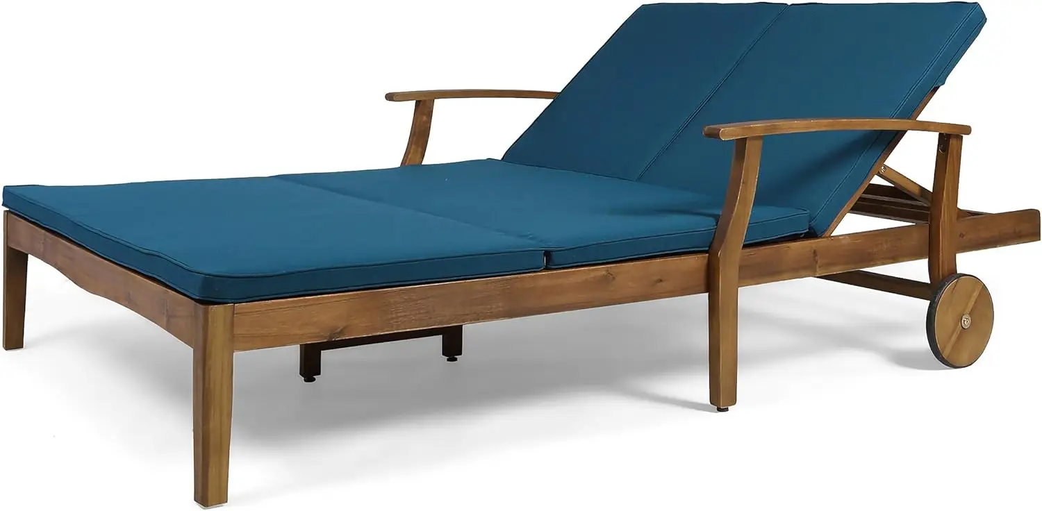 Chaise lounge doble para patio y patio, estructura de madera de acacia, acabado en teca con cojines azules