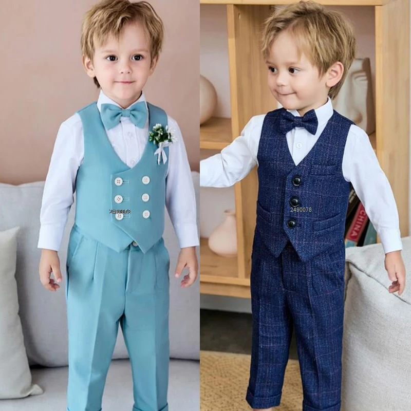 Little Boys 1 Year Birthday Suit Kids Vest Pants Bowtie Photograph Suit Children Wedding Dress Child Performance Party Costume