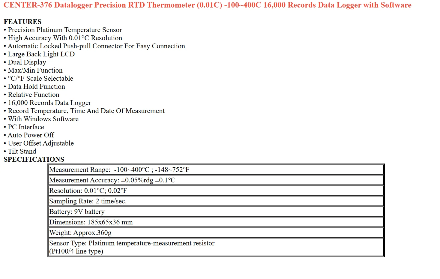CENTER-375/376 Datalogger Precision RTD Thermometer (0.01C) -100~400C 16,000 Rec