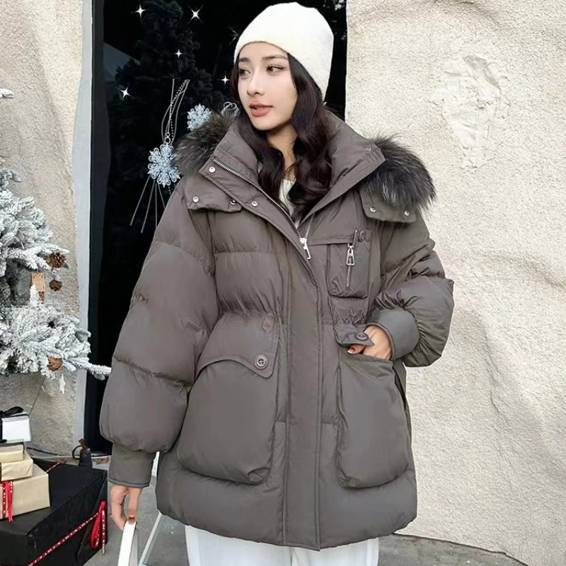 Mid-Length Hooded Parkas for Women, Big Hair Collar Coat, Thick Loose Down Jacket, Windproof Coat, Female Fashion, Winter