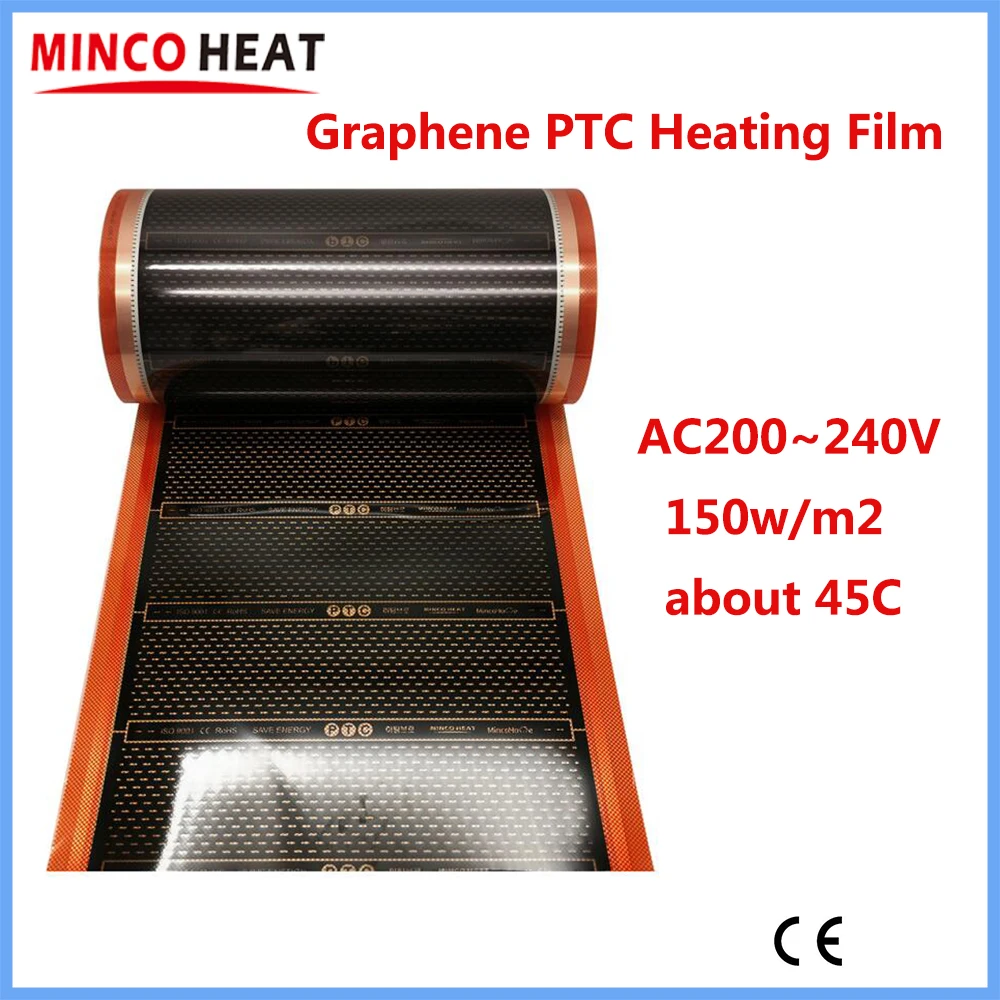 MINCO HEAT 그래핀 PTC 가열 필름, 적외선 AC200 ~ 240V, 약 45C 따뜻한 바닥 난방 매트, 150w/m2 