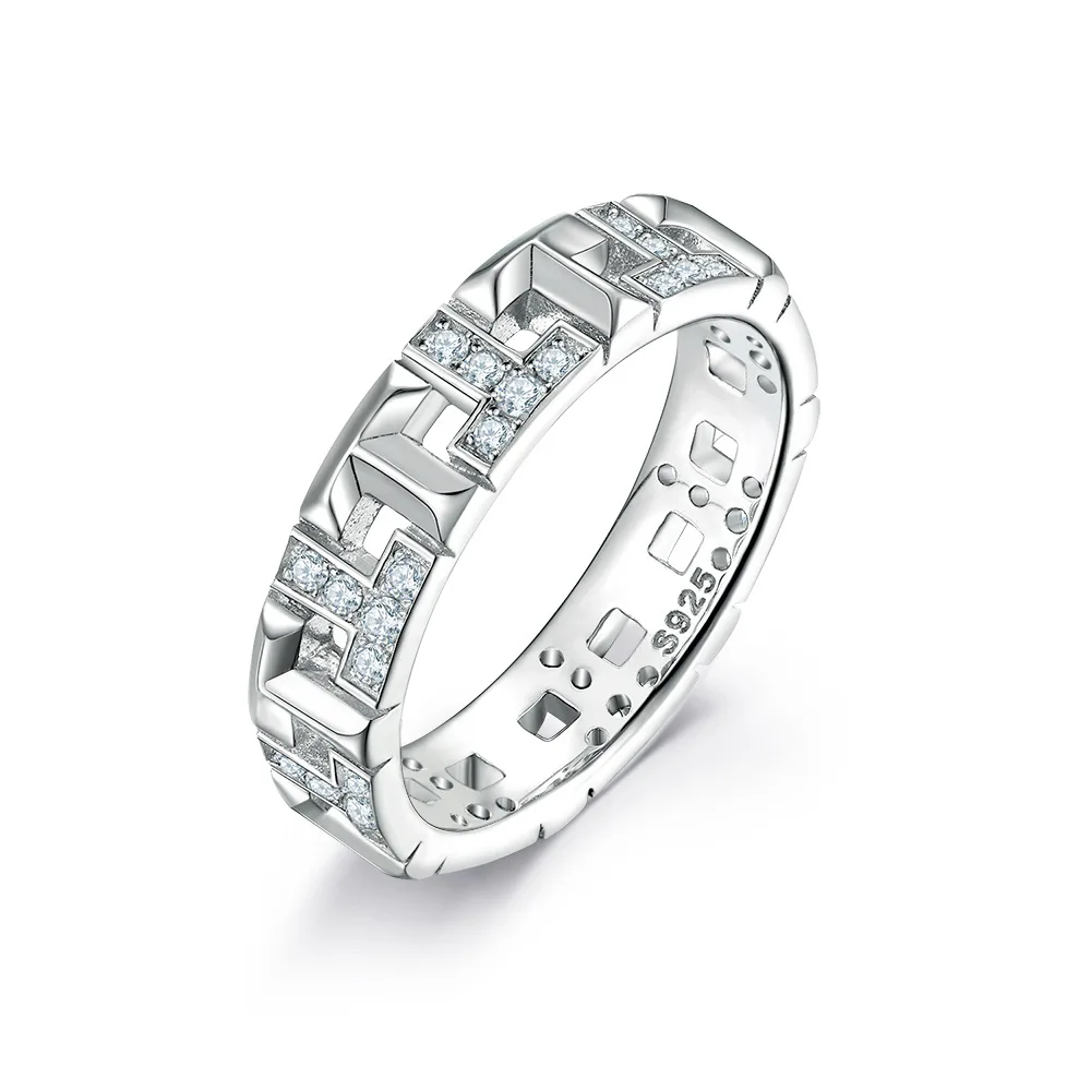 

New s925 pure silver plated 18K gold PT950 platinum wide face hollowed out T-letter ring, niche gemstone women's ring