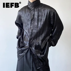 IEFB Chinese Pleated Stand Collar Jacquard Satin Trend Men's Shirt Long Sleeved Fashionable 2023 Autumn Male Tops Solid Color