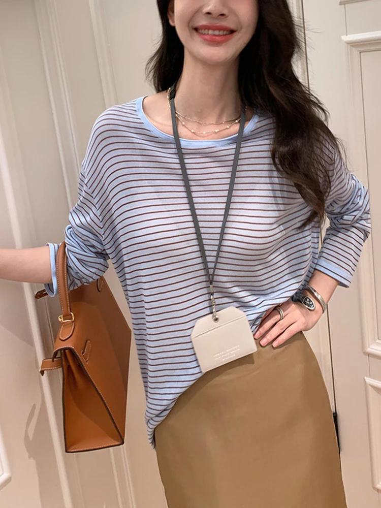 Summer Women\'s Long Sleeve Knit T-shirt Ultra Thin Sun Protection Micro Transparent Round Neck Top 100% Lyocell Striped Jumper