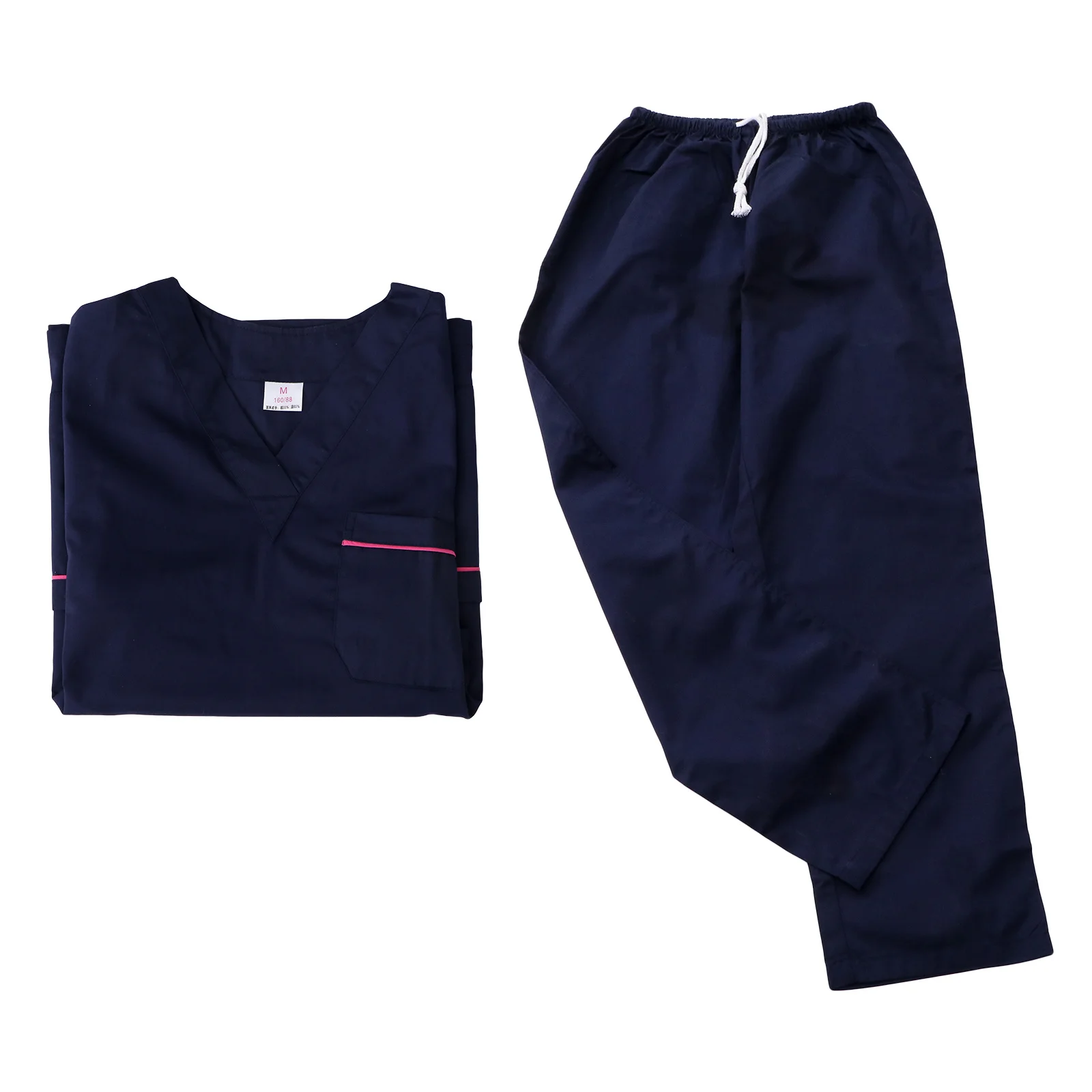 1 set blu scuro in due pezzi uniforme infermieristica in cotone manica corta con scollo a V tuta da lavoro ospedaliera leggera e traspirante