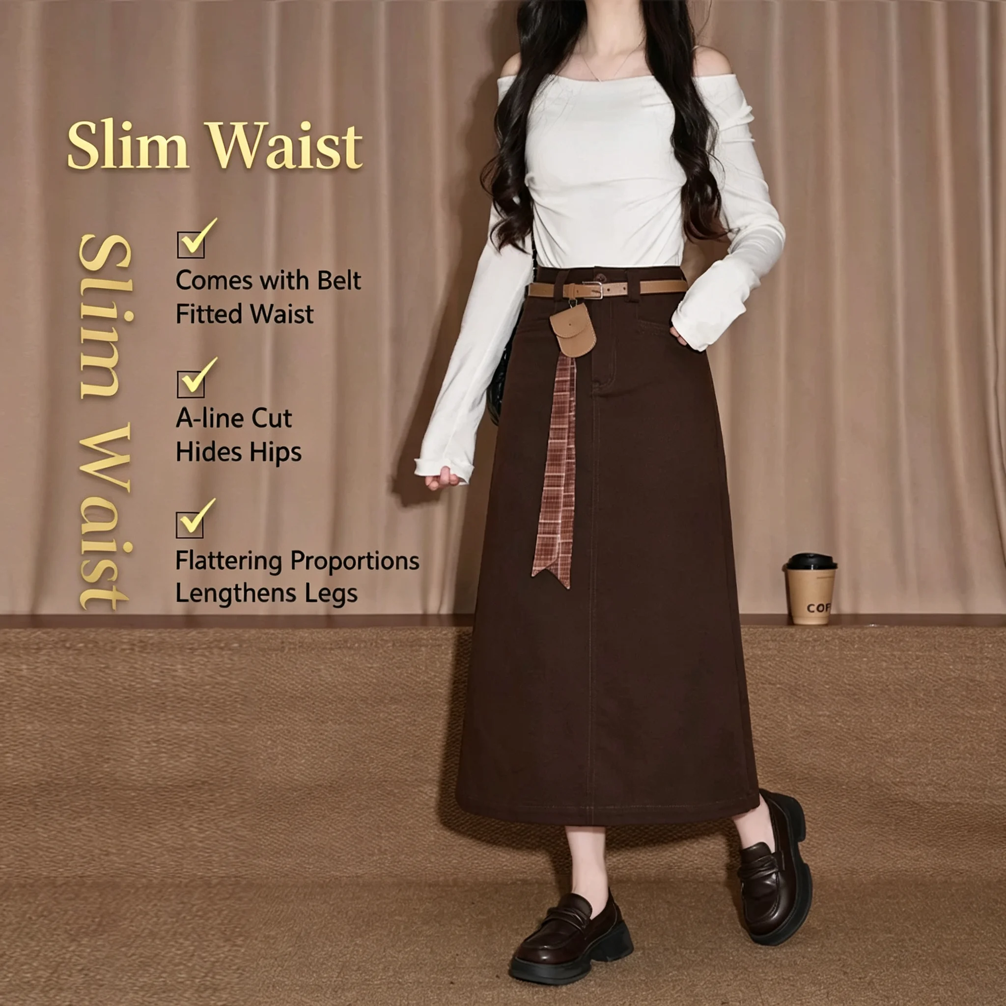 Women High Waist A-line Midi Skirt Belted Cargo Long Skirt with Pockets Back Slit Casual Office Vintage Skirt