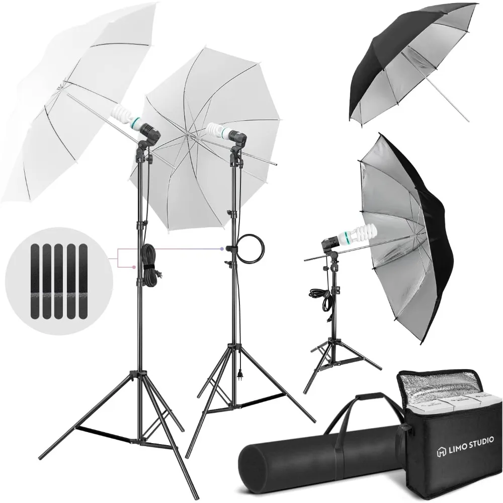 LimoStudio 700W Output Photography Umbrella Continuous Lighting Kit 5500K Neutral Day Light, 6300 Lumen CFL Bulbs with White Sof