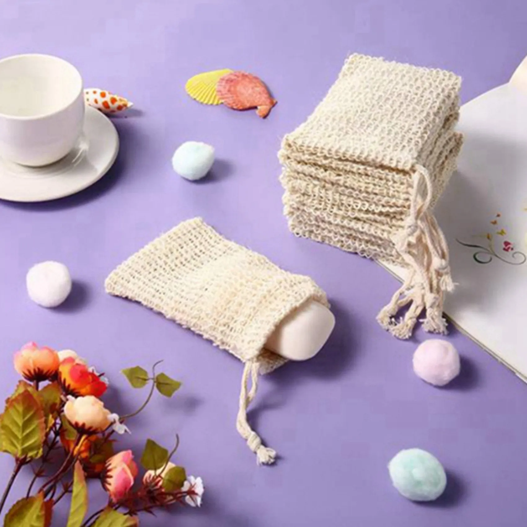 100Pcs Shower Bath Sisal Soap Bag Natural Sisal Soap Bag Exfoliating Soap Saver Pouch Holder-AT30