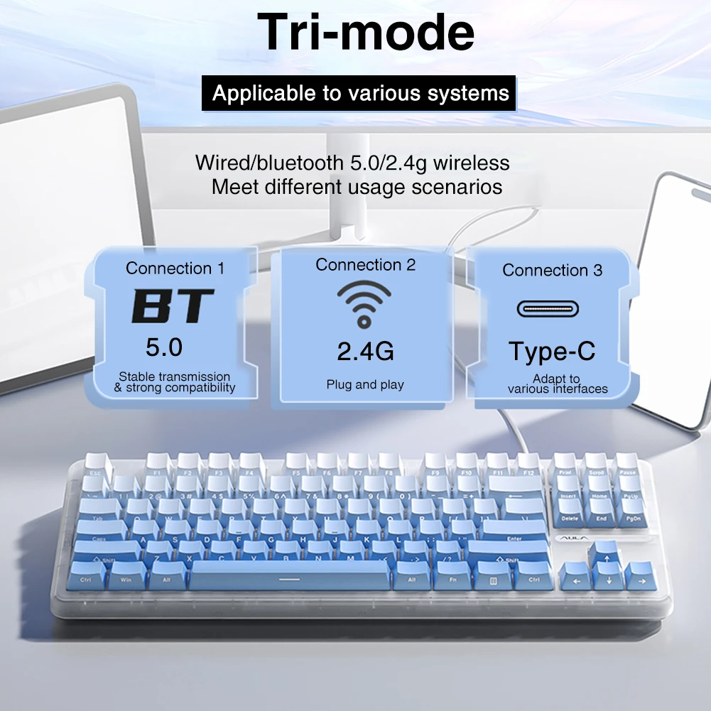 AULA L87 Tri-mode Wireless Keyboard Gasket Stucture 87 Keys Hotswap Customized Software Transparent Keyboard Base