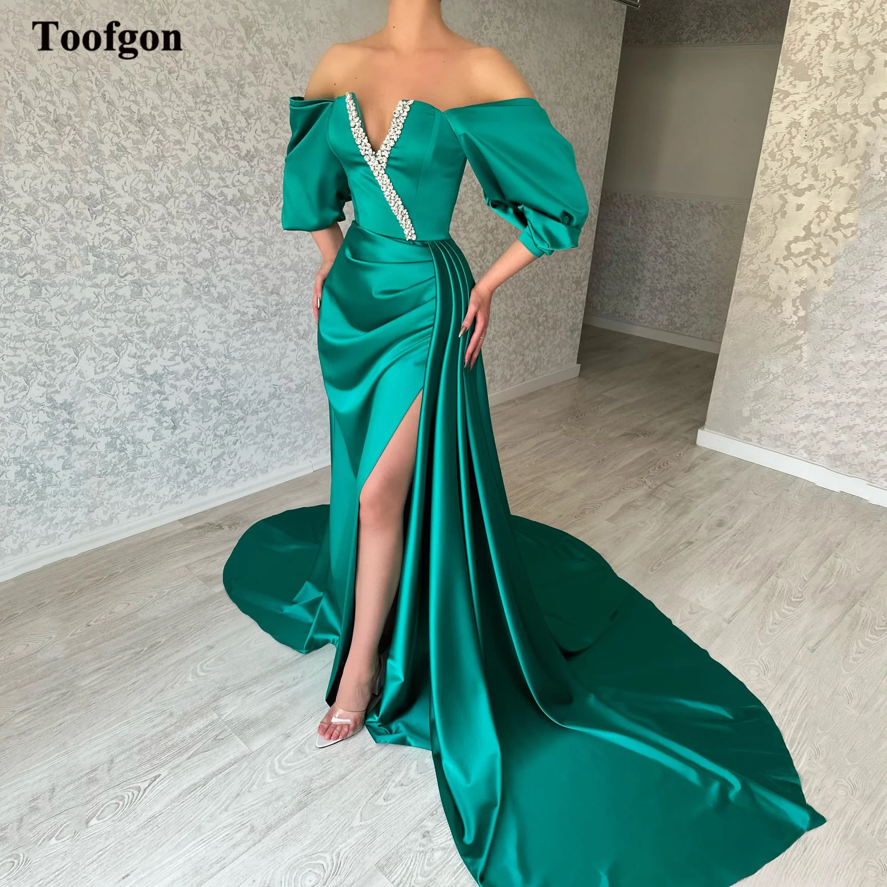 

Toofgon Green Fishtail Satin Evening Dresses Half Sleeves Crystals Off The Shoulder Women Mermaid Formal Prom Gowns Party Dress